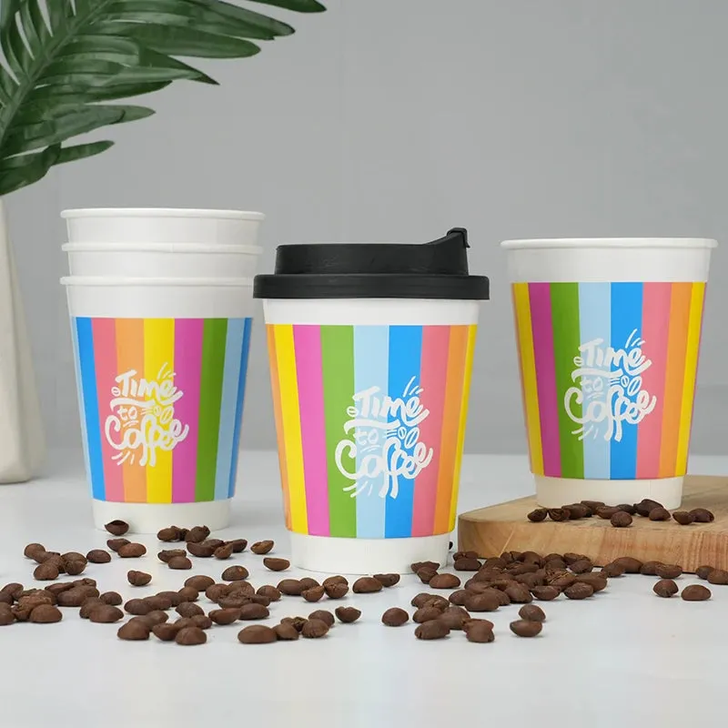 24 Piece Rainbow Double Wall Paper Cups 8 / 12Oz Hot / Cold Disposable Lids