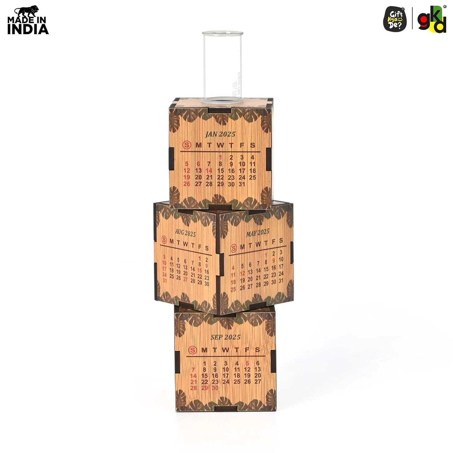 3-Cube Wooden Desk Calendar 2025 with Test Tube Planter | Desk Organizer for Home, Office & Corporate Gifting