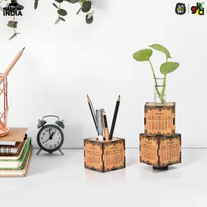 3-Cube Wooden Desk Calendar 2025 with Test Tube Planter | Desk Organizer for Home, Office & Corporate Gifting