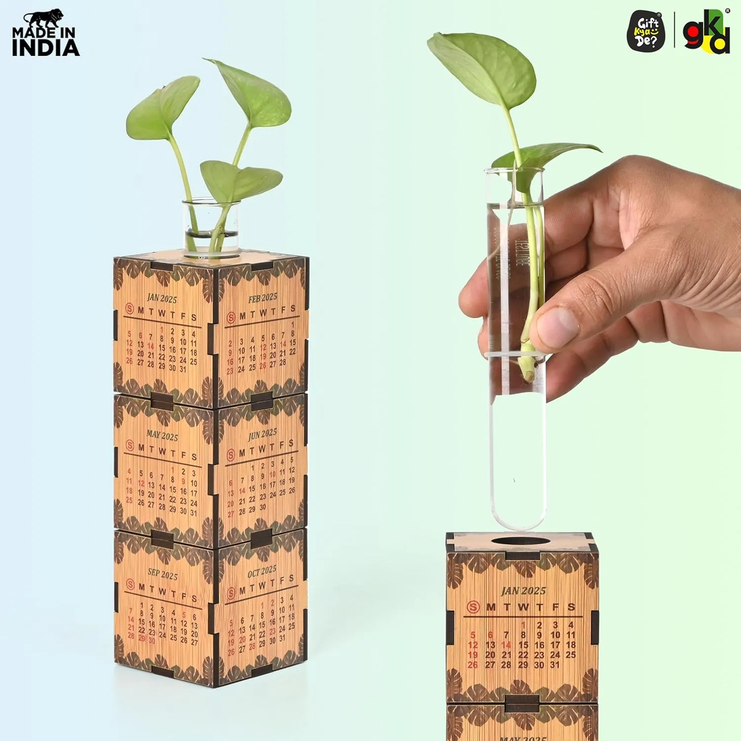 3-Cube Wooden Desk Calendar 2025 with Test Tube Planter | Desk Organizer for Home, Office & Corporate Gifting