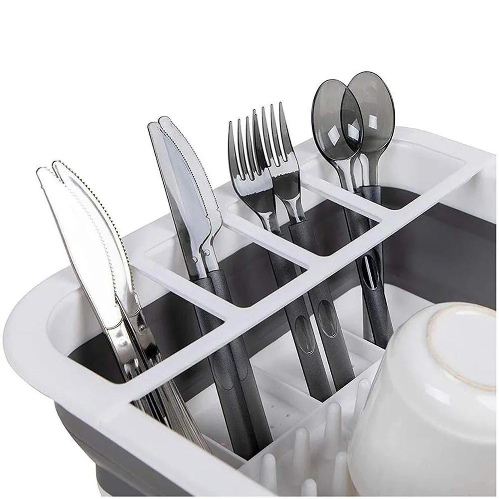 Collapsible Folding Silicone Dish Drying Drainer Rack with Spoon Fork Knife Storage Holder (Brown Box)