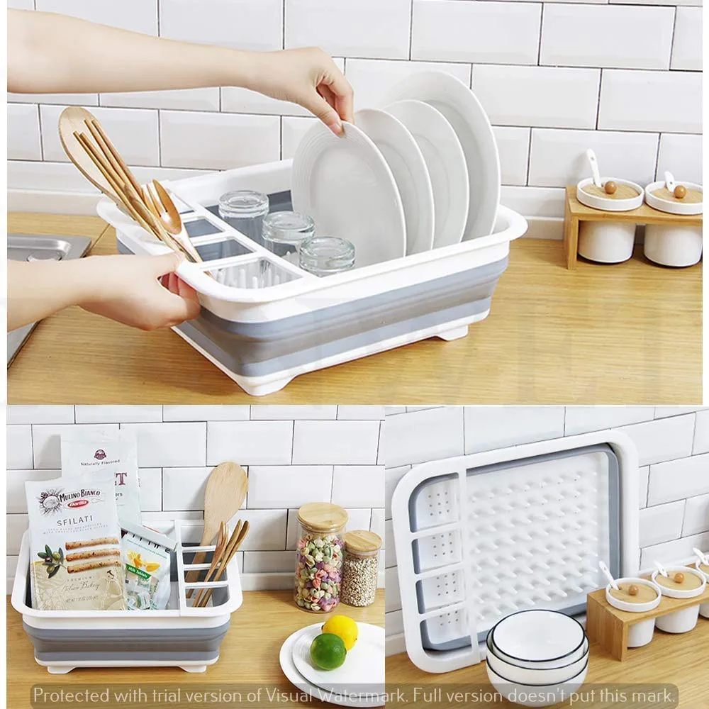 Collapsible Folding Silicone Dish Drying Drainer Rack with Spoon Fork Knife Storage Holder (Brown Box)