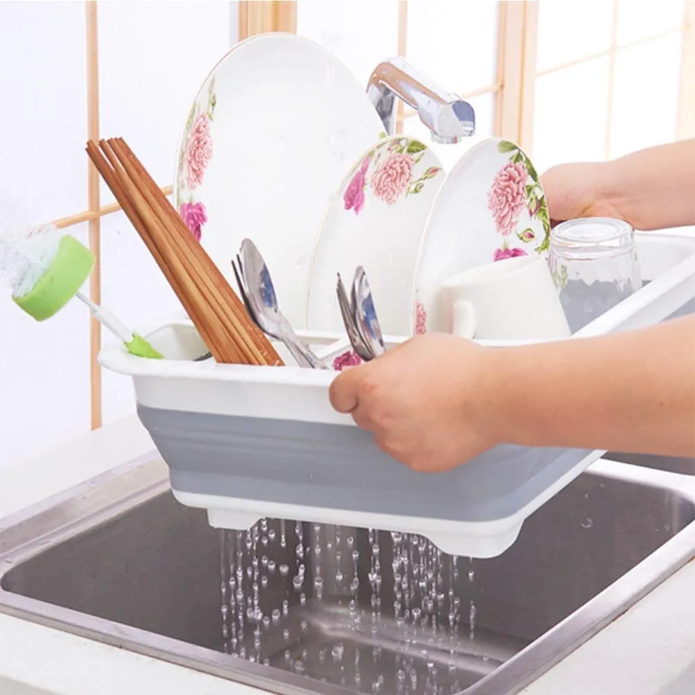 Collapsible Folding Silicone Dish Drying Drainer Rack with Spoon Fork Knife Storage Holder (Brown Box)