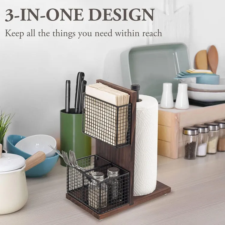Dark Brown Wood and Black Metal Napkin Holders with Paper Towel Roll Stand and Spice Rack
