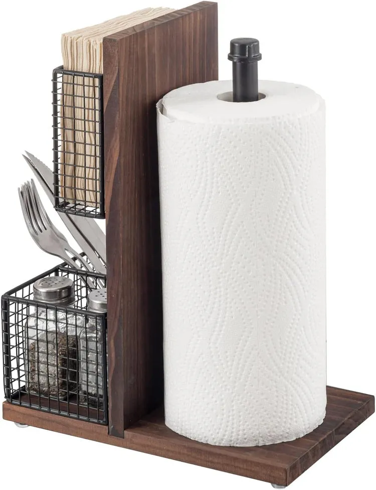 Dark Brown Wood and Black Metal Napkin Holders with Paper Towel Roll Stand and Spice Rack