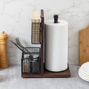 Dark Brown Wood and Black Metal Napkin Holders with Paper Towel Roll Stand and Spice Rack
