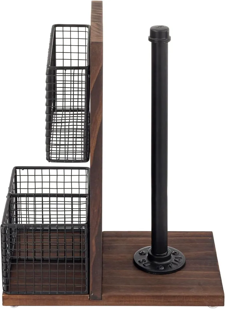 Dark Brown Wood and Black Metal Napkin Holders with Paper Towel Roll Stand and Spice Rack