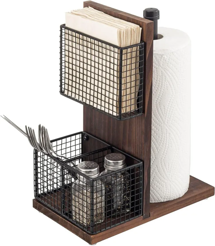 Dark Brown Wood and Black Metal Napkin Holders with Paper Towel Roll Stand and Spice Rack