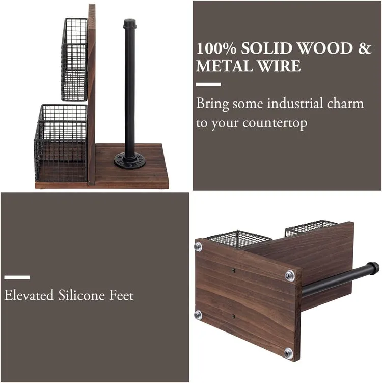 Dark Brown Wood and Black Metal Napkin Holders with Paper Towel Roll Stand and Spice Rack