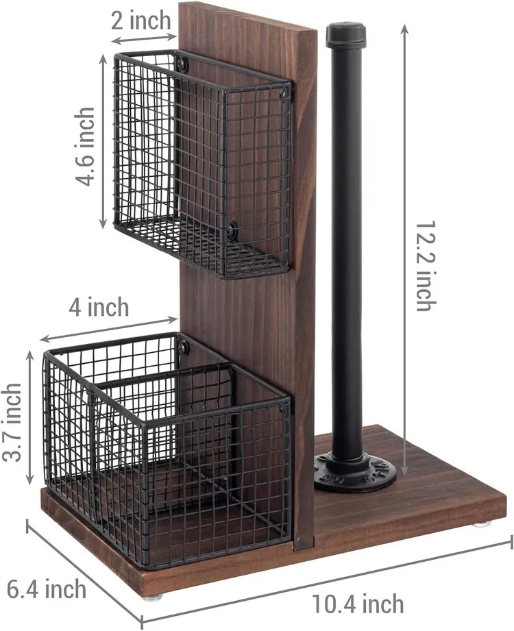 Dark Brown Wood and Black Metal Napkin Holders with Paper Towel Roll Stand and Spice Rack