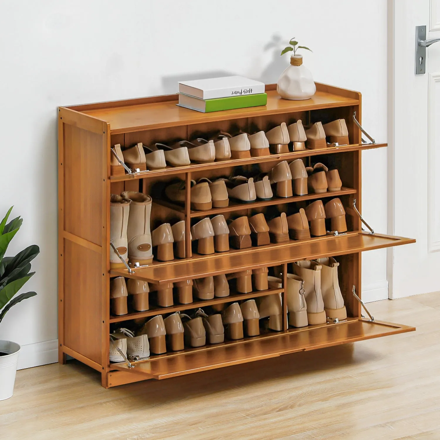 Drop Down Door Entryway Shoe Cabinet - with Boot Compartment  - Brown