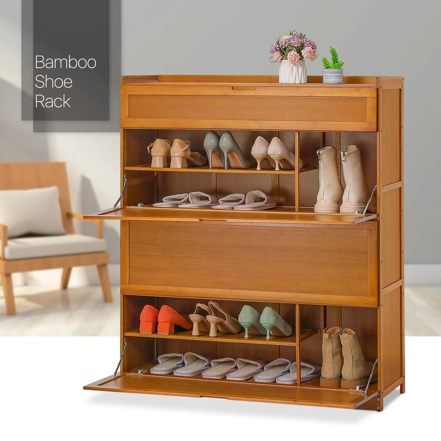 Drop Down Door Entryway Shoe Cabinet - with Boot Compartment  - Brown