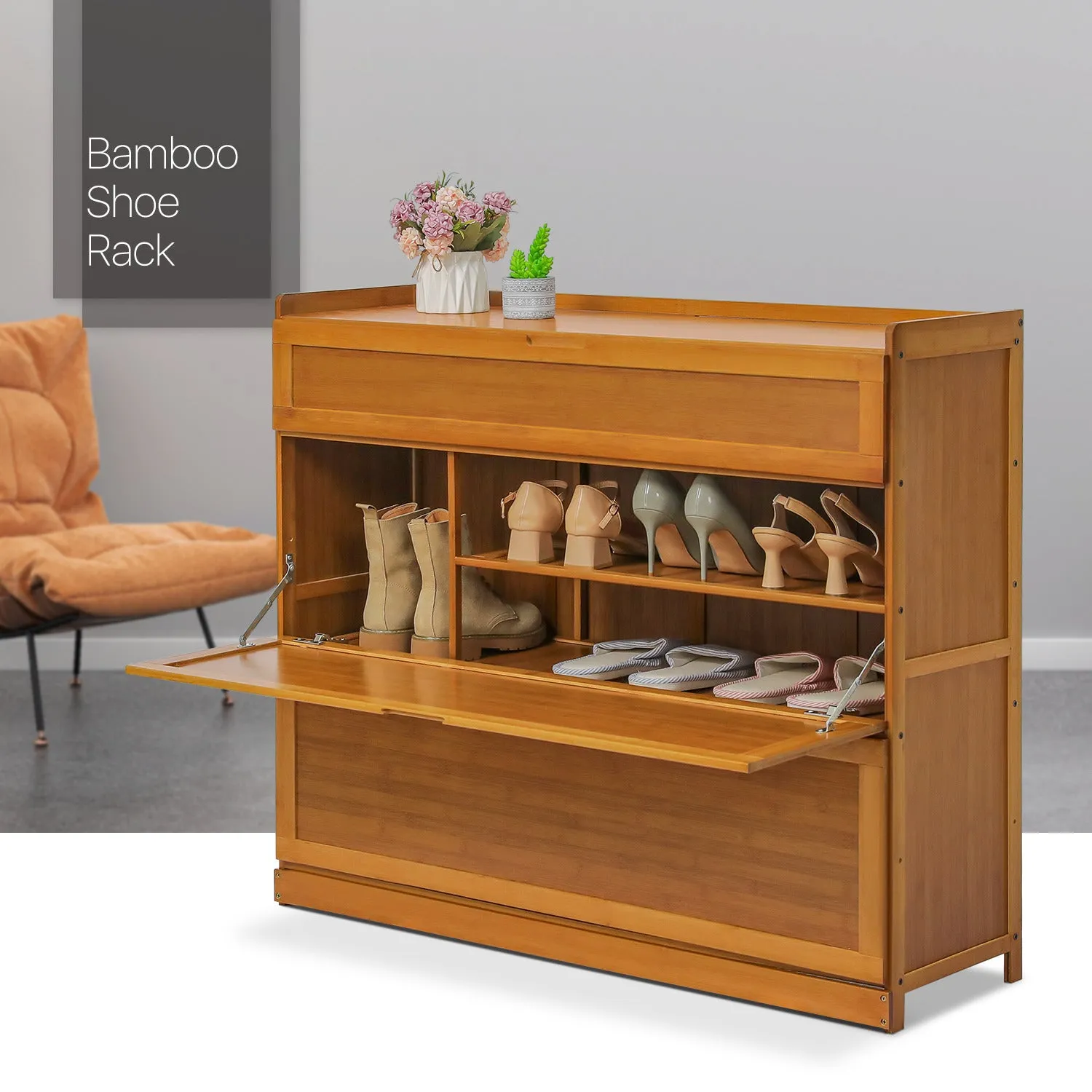 Drop Down Door Entryway Shoe Cabinet - with Boot Compartment  - Brown