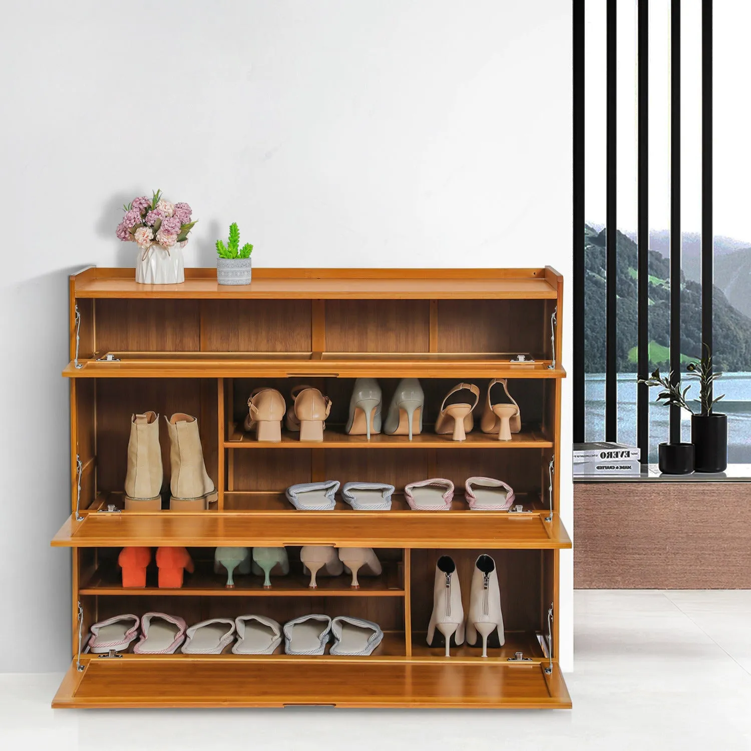 Drop Down Door Entryway Shoe Cabinet - with Boot Compartment  - Brown