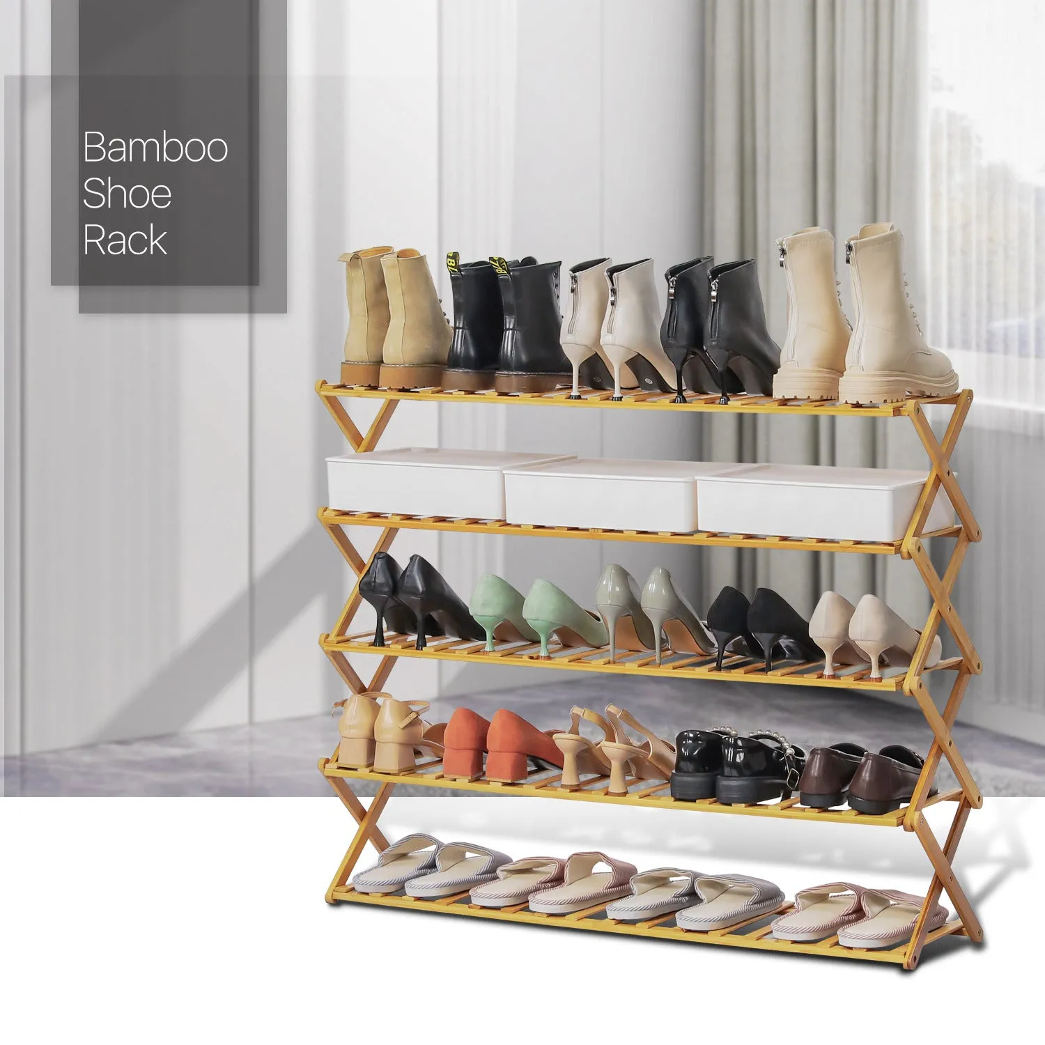 Foldable Multifunctional Shoe Rack Organizer - 5 Tier - Natural