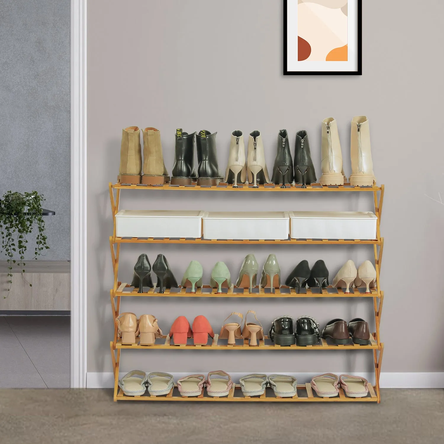 Foldable Multifunctional Shoe Rack Organizer - 5 Tier - Natural