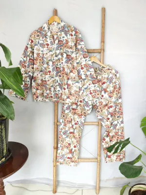 Hand Block Print Indian Soft Cotton PJ Set Loungewear Pastel White Floral