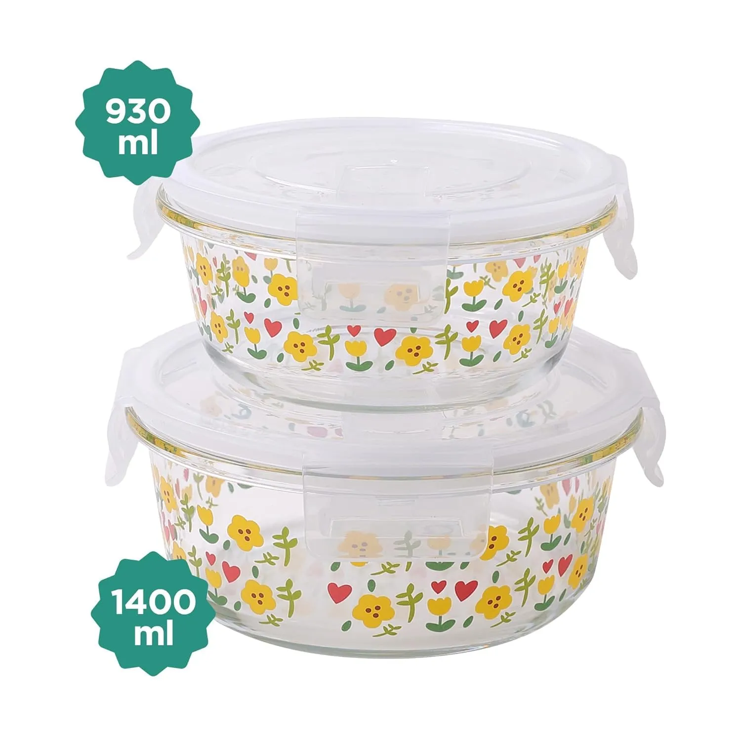 Homestic Borosilicate Printed Container With Lid (Round) | JDA050-MUL | Transparent | Pack Of 2