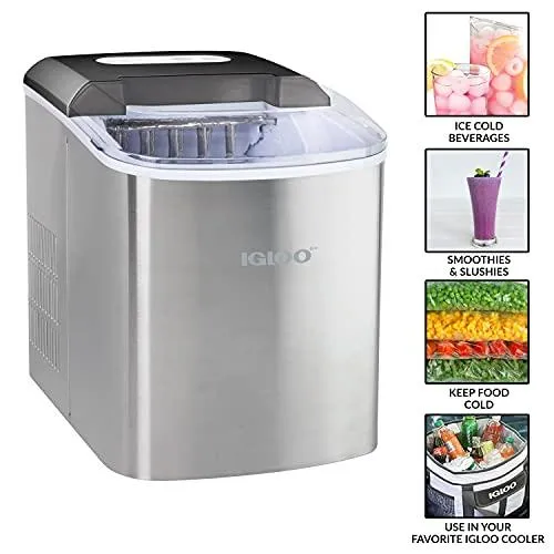 Igloo ICEB26SS Automatic Portable Electric Countertop Ice Maker Machine, 26 Pounds in 24 Hours, 9 Ice Cubes Ready in 7 minutes, With Ice Scoop and Basket, Perfect for Water Bottles, Stainless Steel