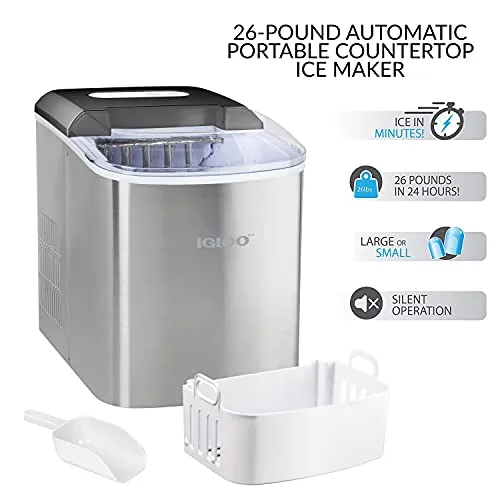 Igloo ICEB26SS Automatic Portable Electric Countertop Ice Maker Machine, 26 Pounds in 24 Hours, 9 Ice Cubes Ready in 7 minutes, With Ice Scoop and Basket, Perfect for Water Bottles, Stainless Steel