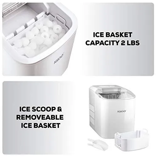 Igloo ICEB26WH Automatic Portable Electric Countertop Ice Maker Machine, 26 Pounds in 24 Hours, 9 Cubes Ready in 7 minutes, With Scoop and Basket, Perfect for Water Bottles, Mixed Drinks, Parties, WHT
