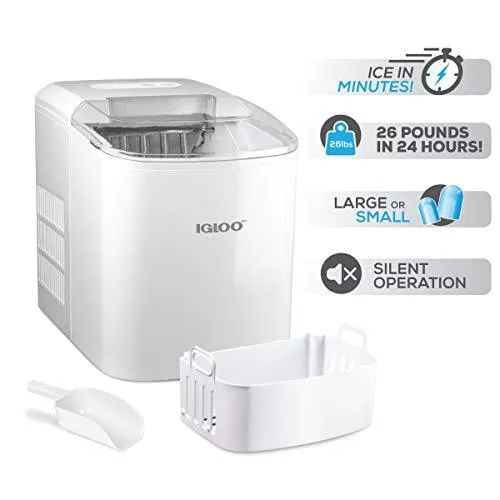 Igloo ICEB26WH Automatic Portable Electric Countertop Ice Maker Machine, 26 Pounds in 24 Hours, 9 Cubes Ready in 7 minutes, With Scoop and Basket, Perfect for Water Bottles, Mixed Drinks, Parties, WHT