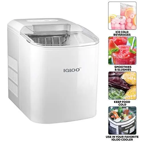 Igloo ICEB26WH Automatic Portable Electric Countertop Ice Maker Machine, 26 Pounds in 24 Hours, 9 Cubes Ready in 7 minutes, With Scoop and Basket, Perfect for Water Bottles, Mixed Drinks, Parties, WHT