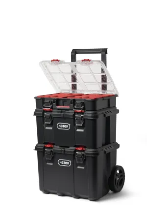Keter Stack-n-Roll: 3-Piece Modular Tool Organizer, Rolling Storage, Black.