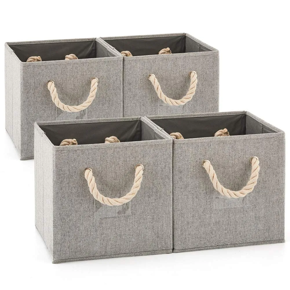 Set of 4 EZOWare Foldable Bamboo Fabric Storage Bin with Cotton Rope Handle, Collapsible Resistant Basket Box Organizer for Shelves, Closet, and More – (10.5x11x10.5 inch) (Gray/Gray)