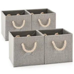 Set of 4 EZOWare Foldable Bamboo Fabric Storage Bin with Cotton Rope Handle, Collapsible Resistant Basket Box Organizer for Shelves, Closet, and More – (10.5x11x10.5 inch) (Gray/Gray)