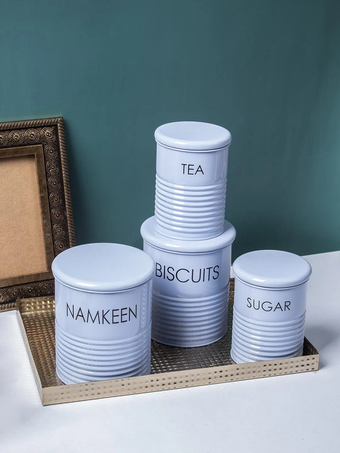 Tea & Sugar Jar (Each 900 Ml)    Biscuits & Namkeen Jar (Each 1700 Ml) - Light Blue, Set Of 4