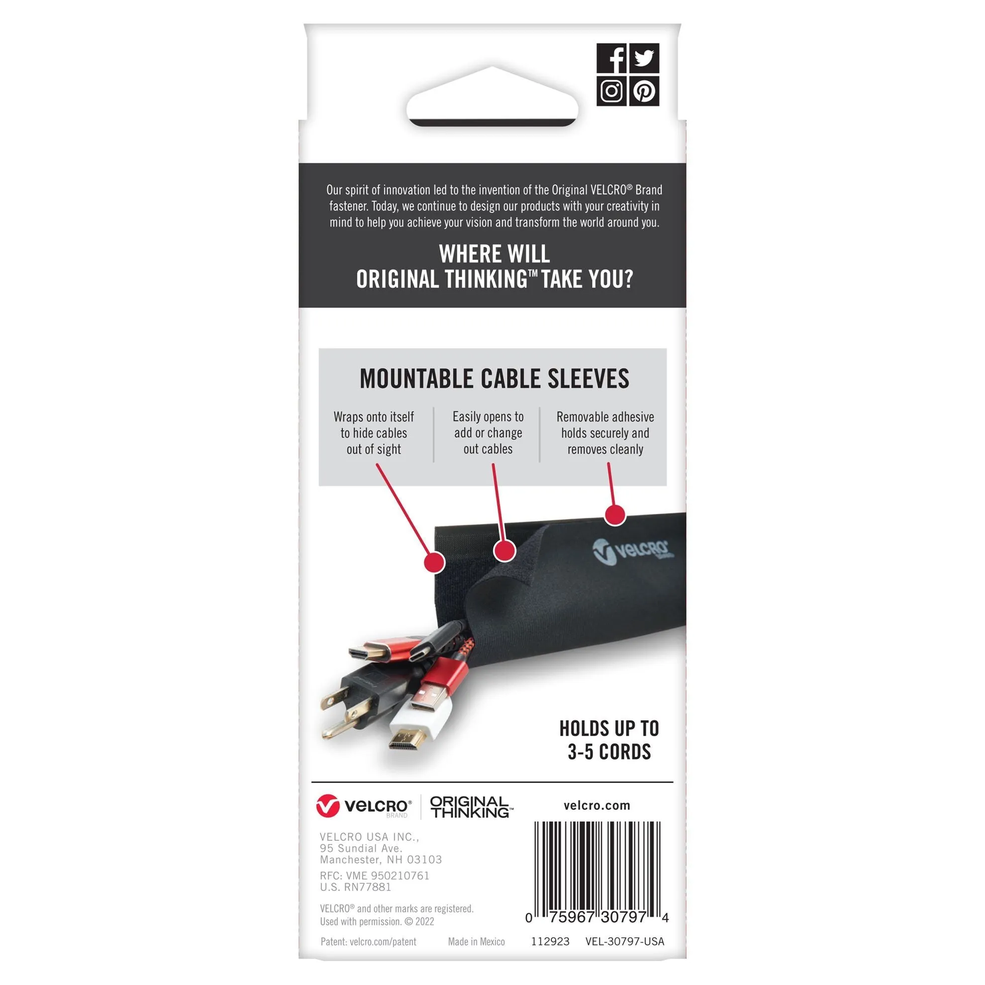 Velcro Mountable Cable Sleeves, Mount Electrical Cords, Removable Adhesive, Under Desk Management, 304x146mm, 2x Sleeve Pack, Black