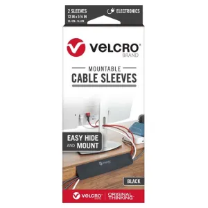 Velcro Mountable Cable Sleeves, Mount Electrical Cords, Removable Adhesive, Under Desk Management, 304x146mm, 2x Sleeve Pack, Black