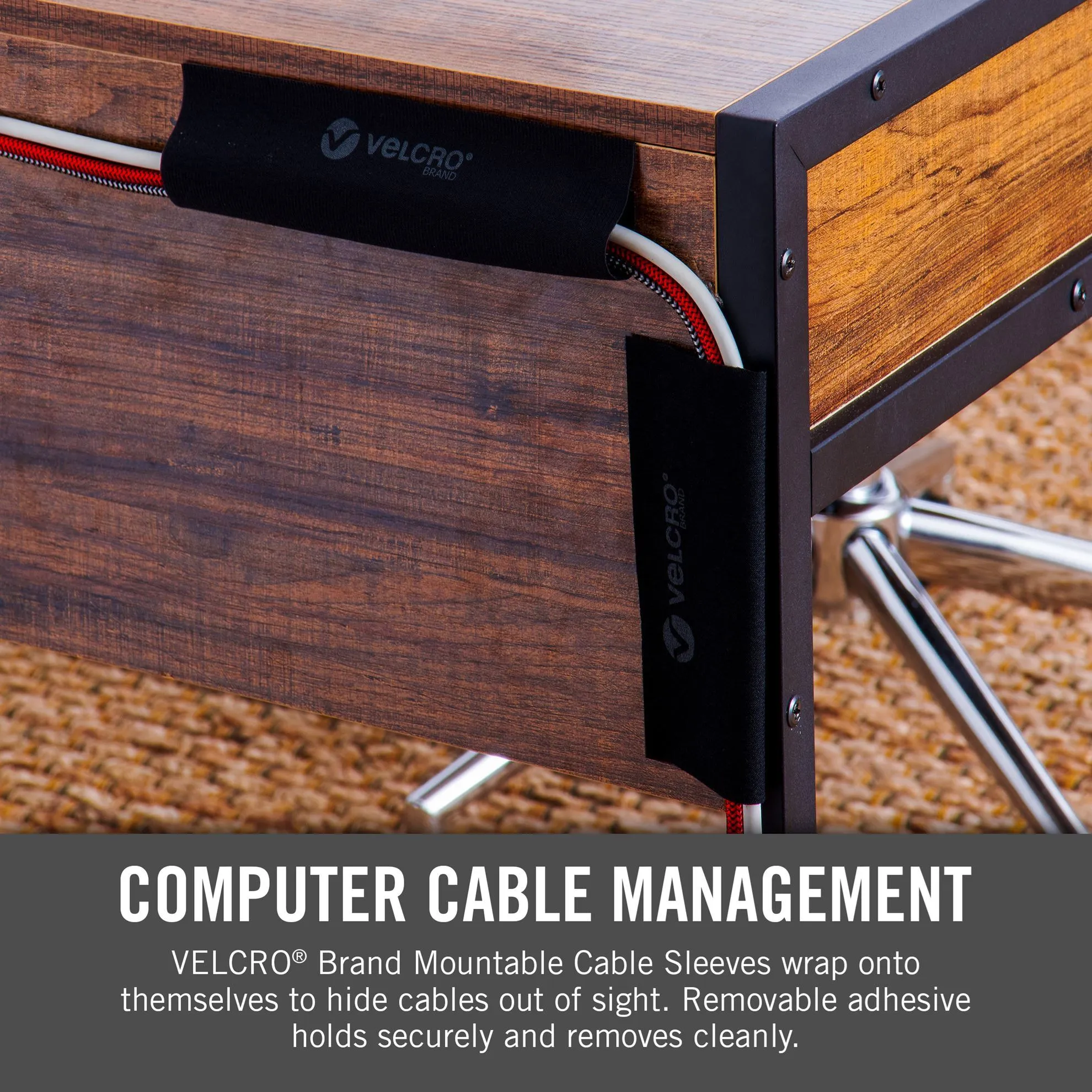 Velcro Mountable Cable Sleeves, Mount Electrical Cords, Removable Adhesive, Under Desk Management, 304x146mm, 2x Sleeve Pack, Black