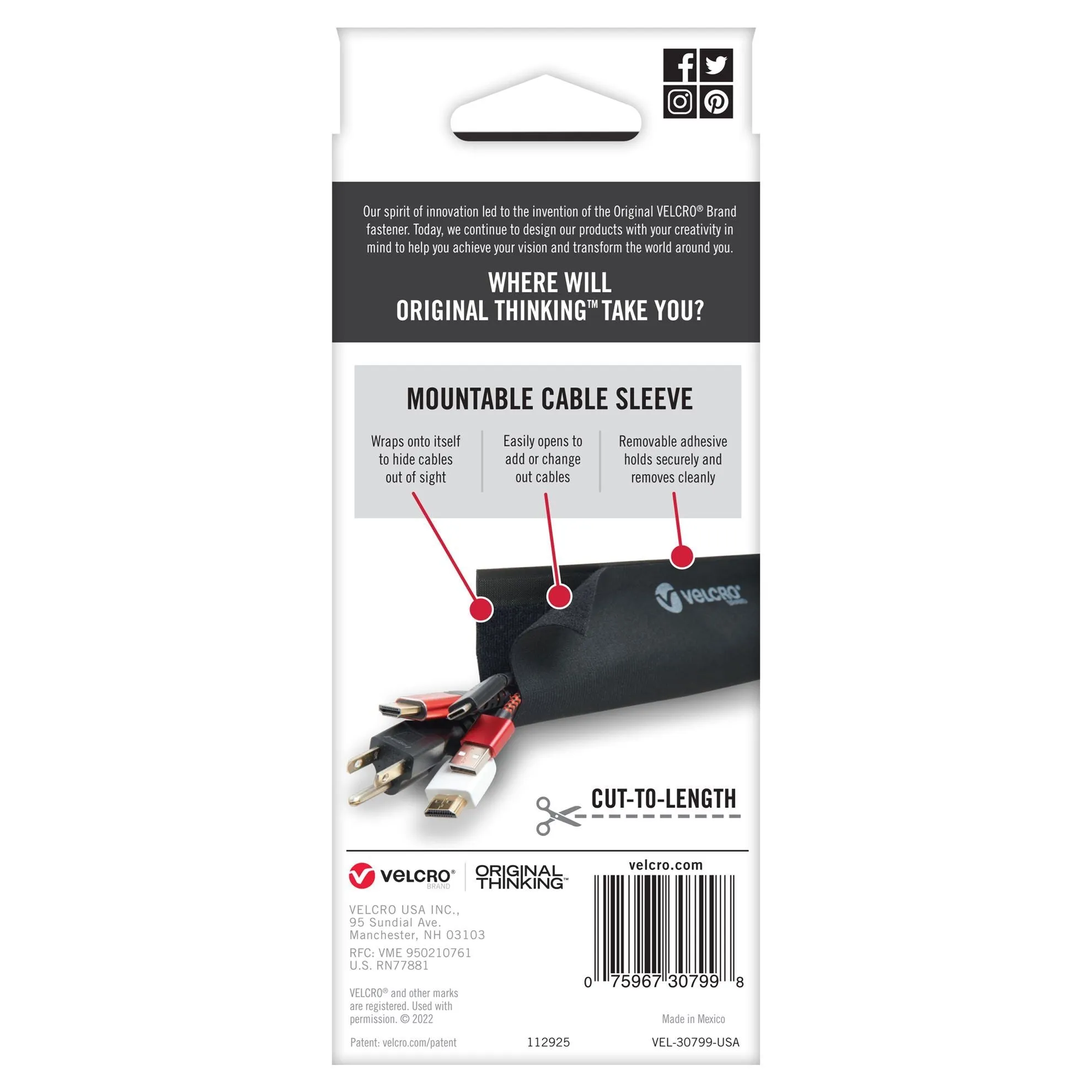 Velcro Mountable Cable Sleeves, Mount Electrical Cords, Removable Adhesive, Under Desk Management, 900x146mm, 2x Sleeve Pack, Black