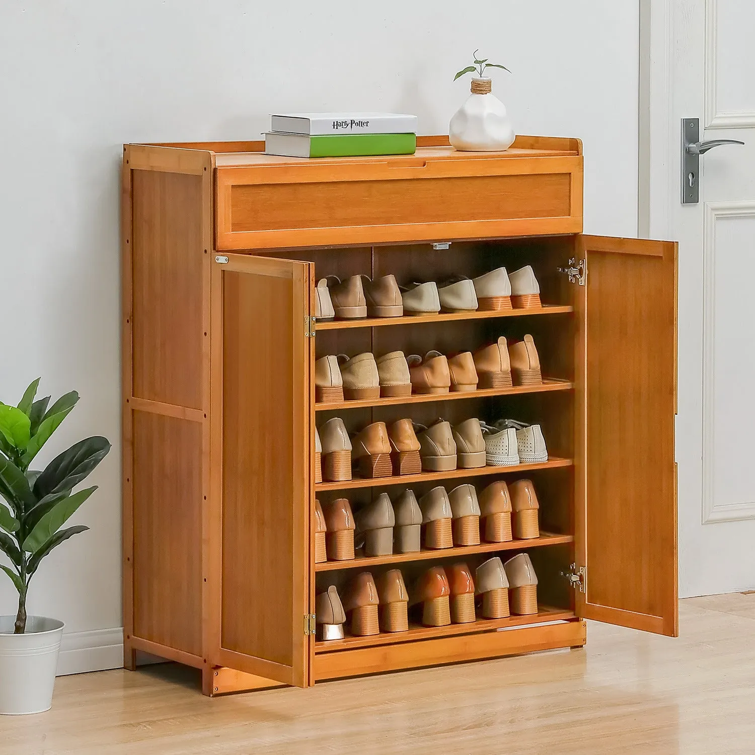 Wing Door Entryway Shoe Cabinet - 35" - Brown